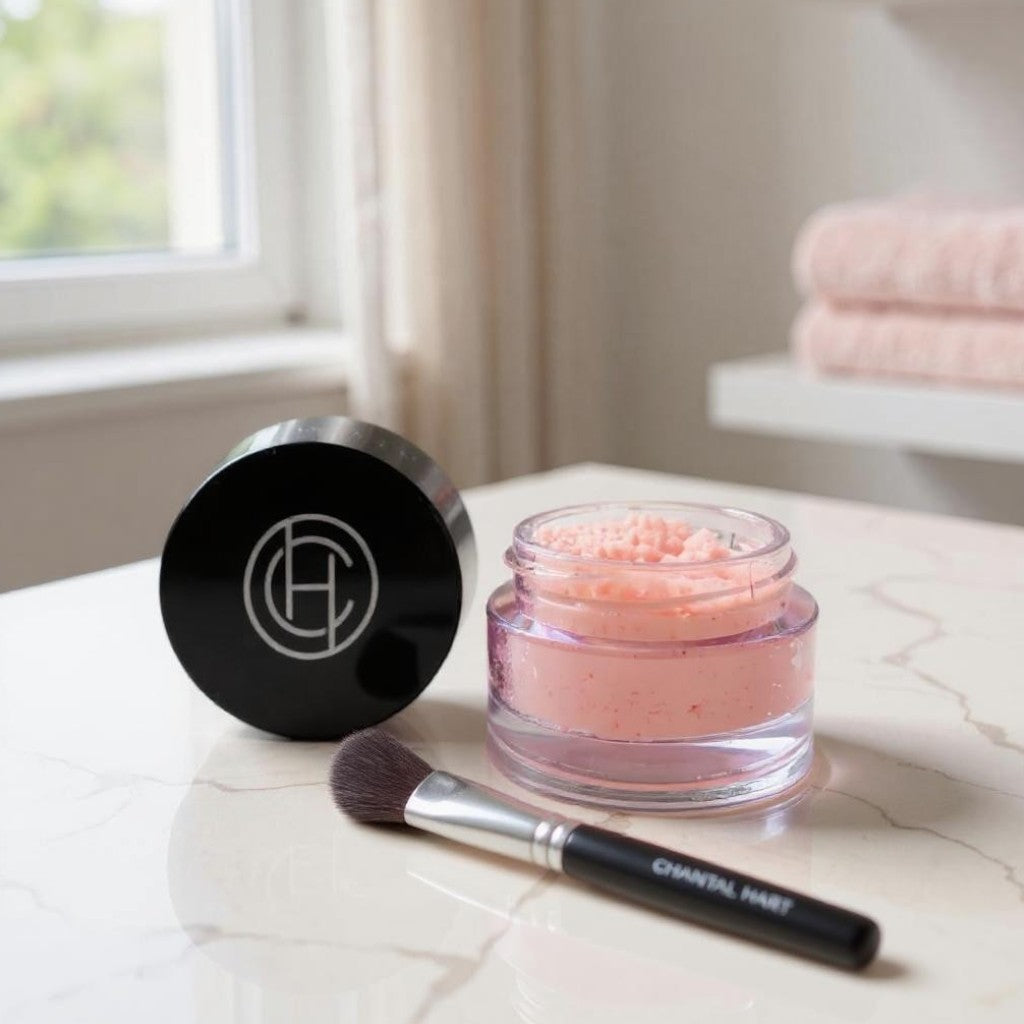Cosmetic jar containing an Age Defying Primer with a Chantal Hart brush on a marble surface near a window