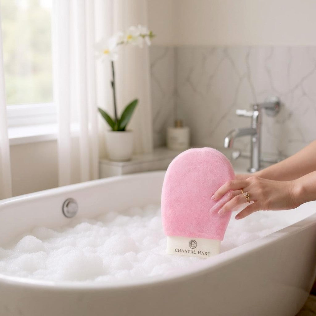 Pink Chantal Hart exfoliating glove being held over a bathtub filled with bubbles, with a blurred background of a bathroom.