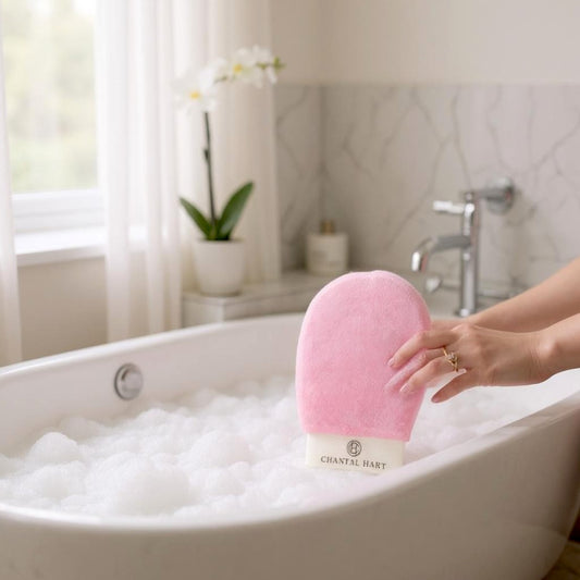 Pink Chantal Hart exfoliating glove being held over a bathtub filled with bubbles, with a blurred background of a bathroom.