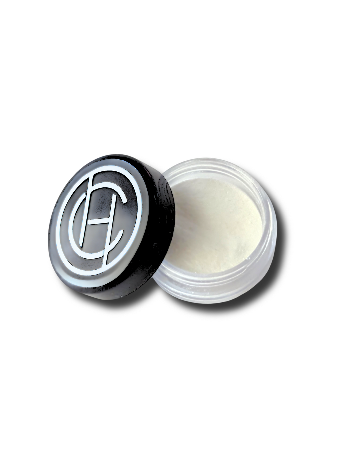 A small, round jar of mineral high-definition powder sample with a black lid and a clear, fine powdery substance inside used to absorb oil on the skin