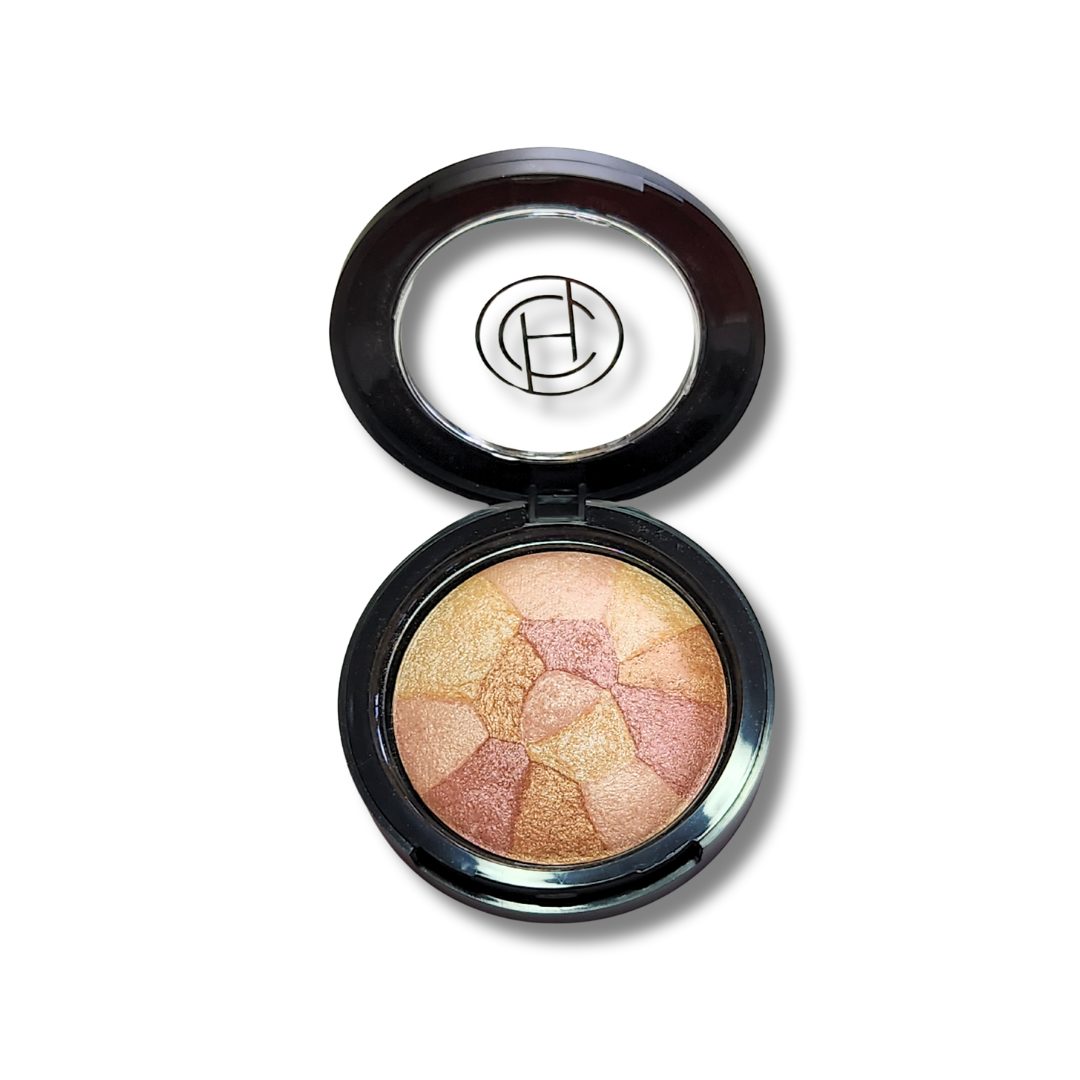 A black makeup compact with a multicolour powder highlight