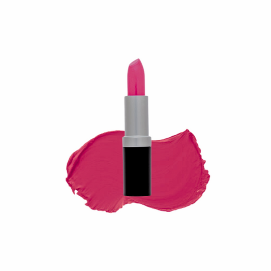 A swatch of dark pink lipstick color alongside a lipstick tube, indicating the color and texture of the product.