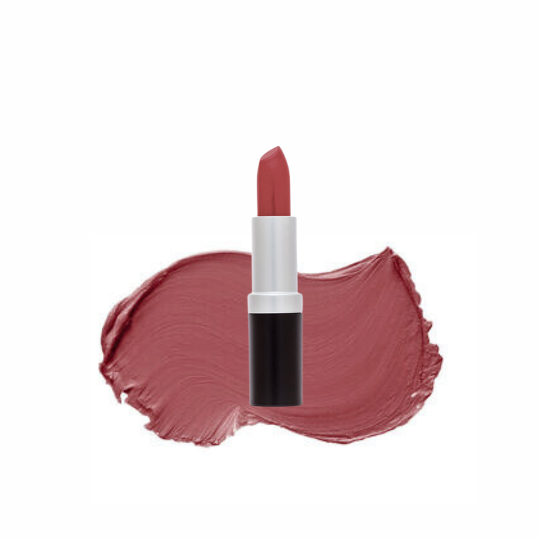 A swatch of brown/chestnut lipstick color alongside a lipstick tube, indicating the color and texture of the product.