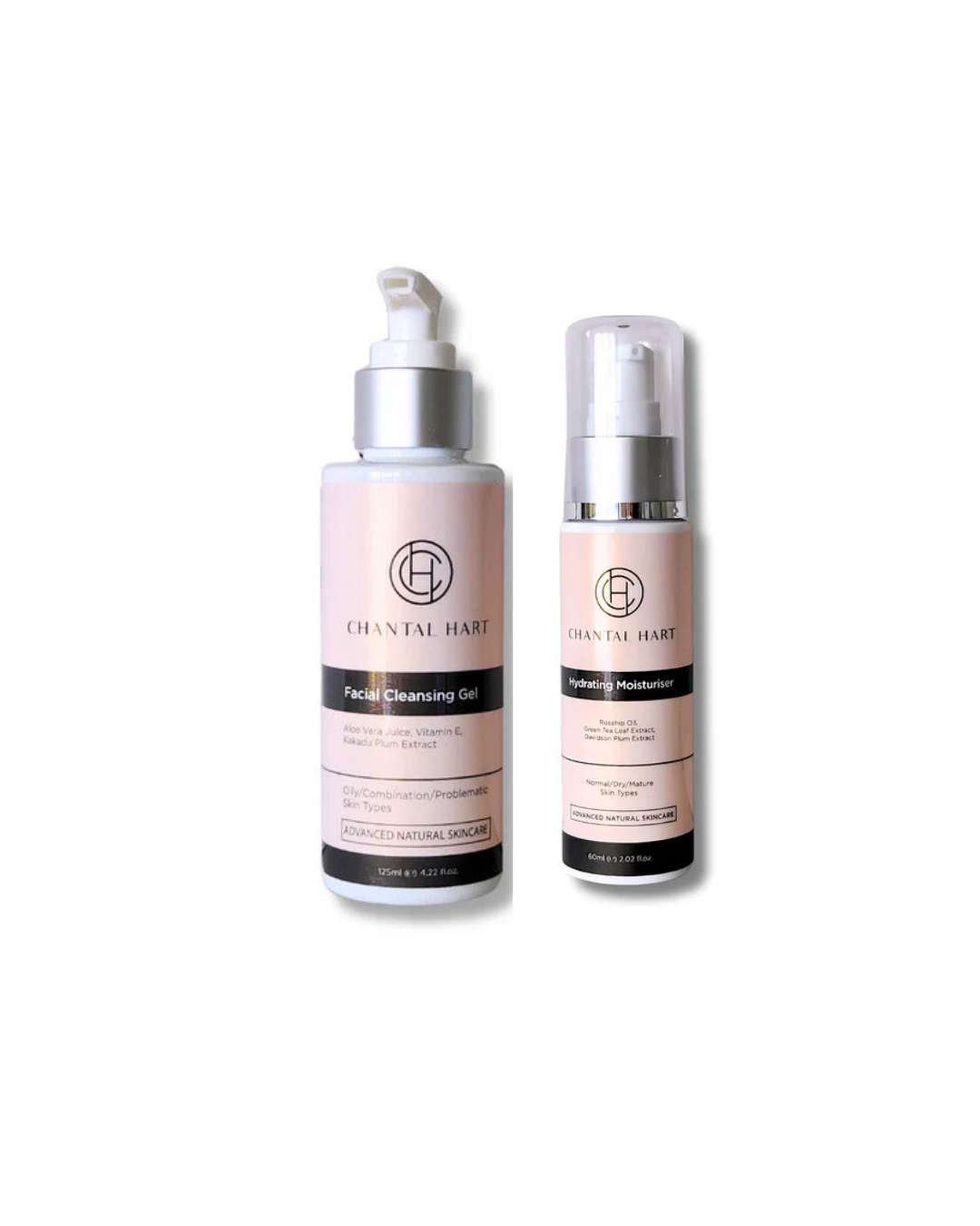Two skincare products, a cleansing gel in a white pump bottle and a moisturizer in a spray pump bottle, with branding and organic certification logos.
