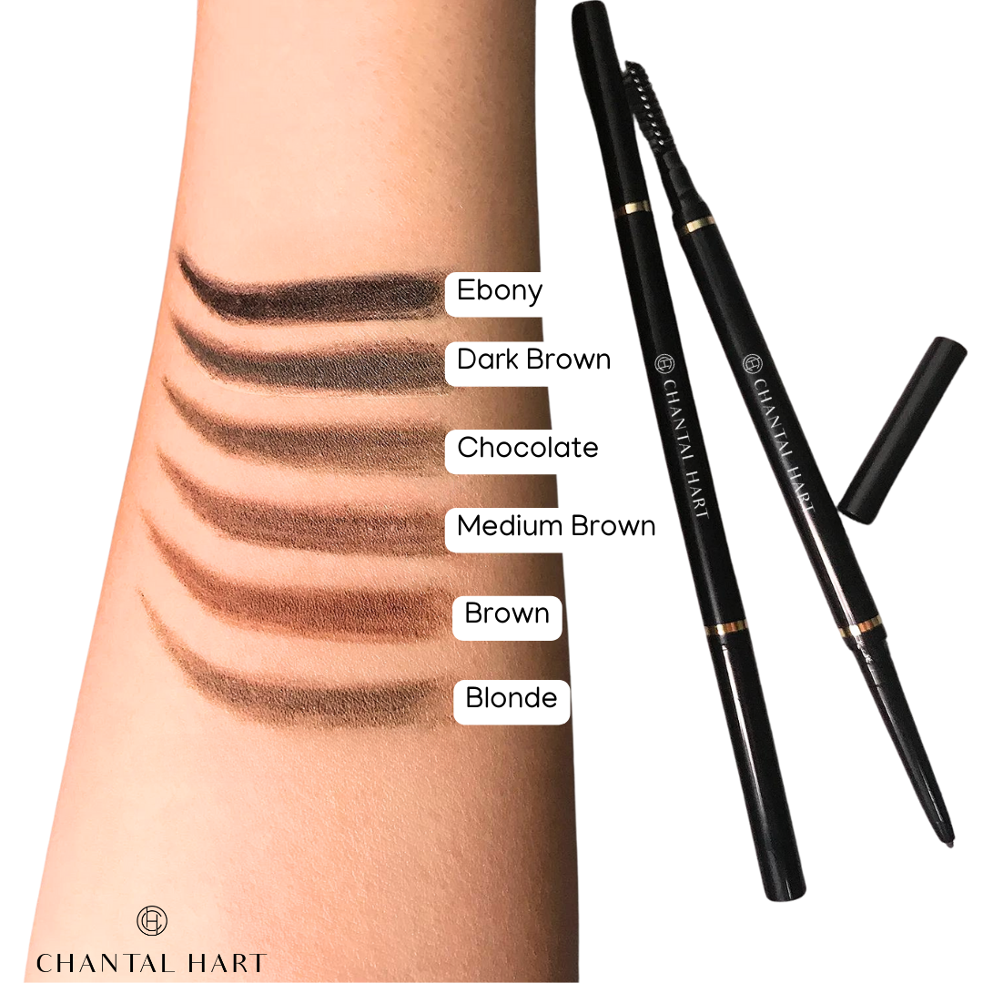 A swatch showing different shades of eyebrow pencil, labeled as Ebony, Dark Brown, Chocolate, Medium Brown, Brown, and Blonde, alongside the corresponding pencils.