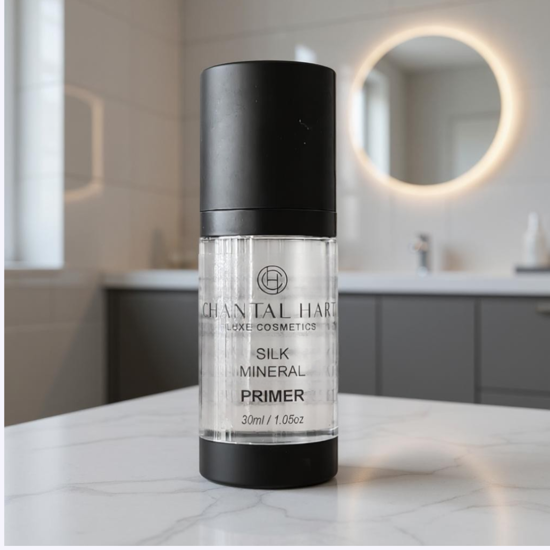 Chantal Hart silk mineral primer bottle on a marble countertop with a blurred bathroom background