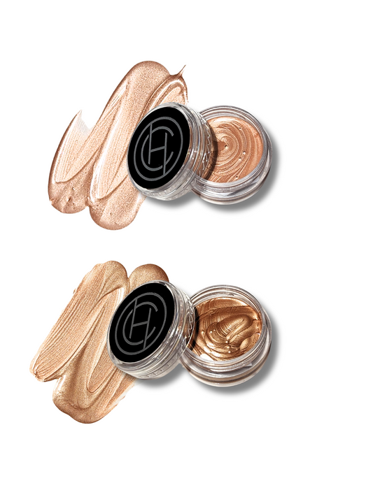 Small sample pots with liquid highlighter makeup in them