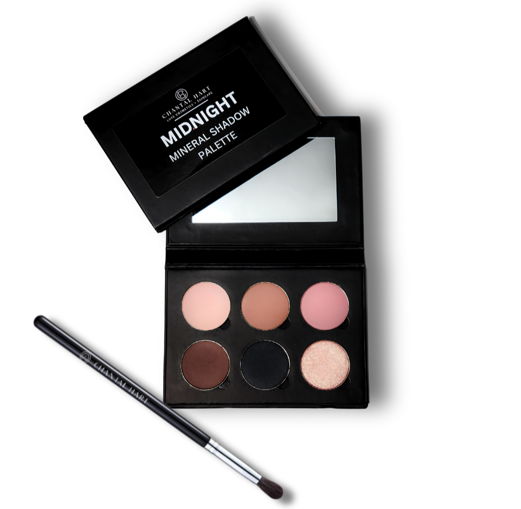 A black eyeshadow palette featuring 5 Matte eyeshadows and 1 shimmer eyeshadow