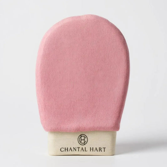 Pink mitt with beige base on a white background, featuring the brand 'Chantal Hart'.