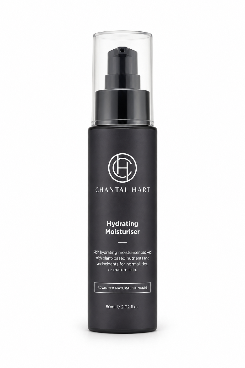 Chantal Hart Hydrating Moisturiser in a matte black pump bottle with a clear protective cap, shown on a clean white background.
