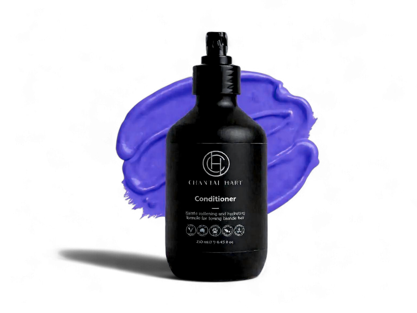 Black conditioner bottle with a purple smear on a white background