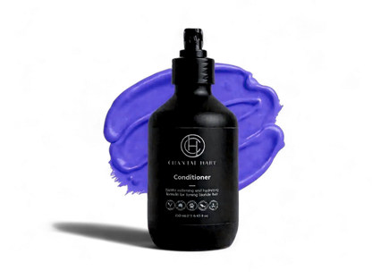 Black conditioner bottle with a purple smear on a white background