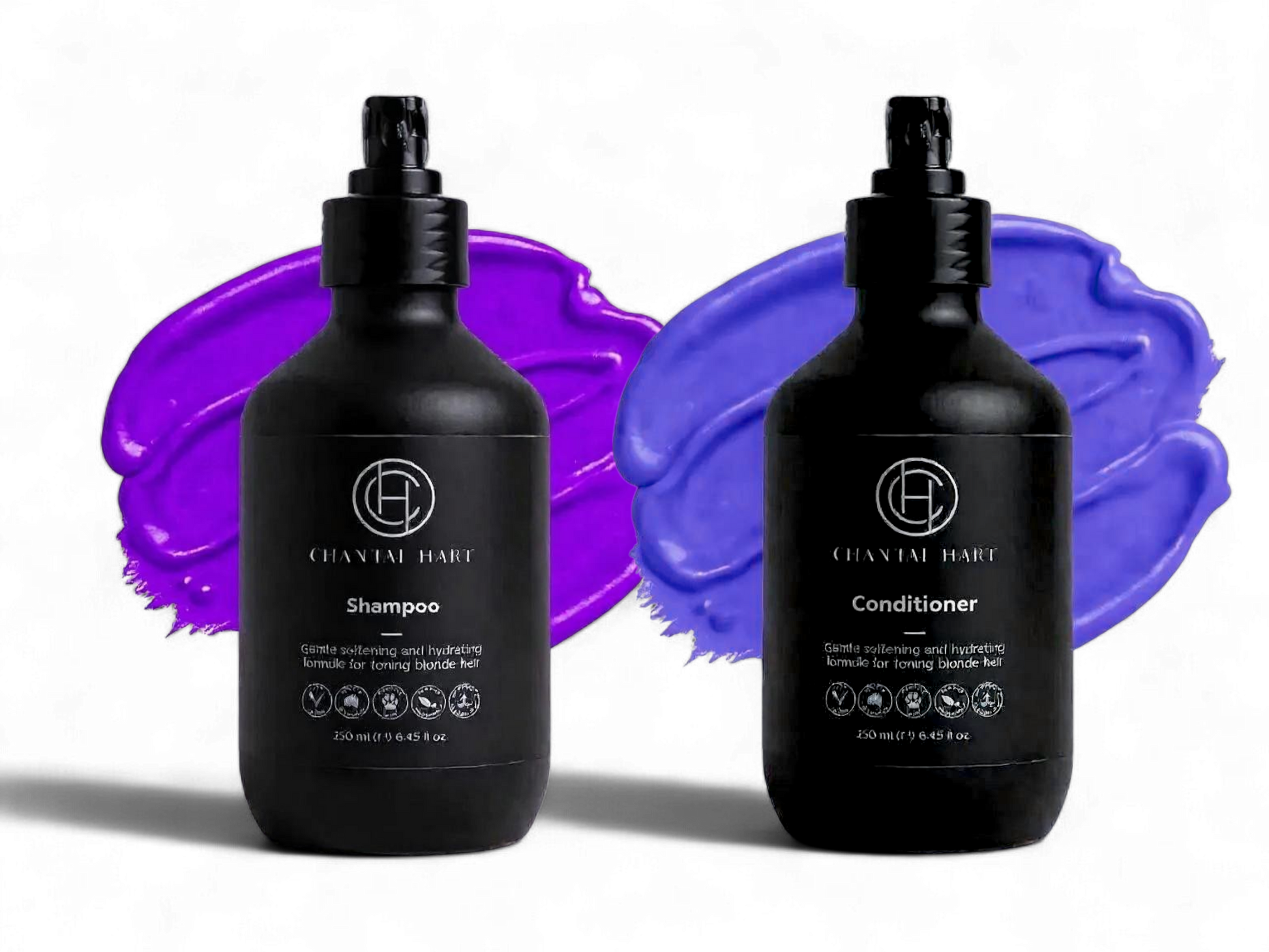 Two black bottles of Chantal Hart organic shampoo and conditioner with purple paint swatches on a white background
