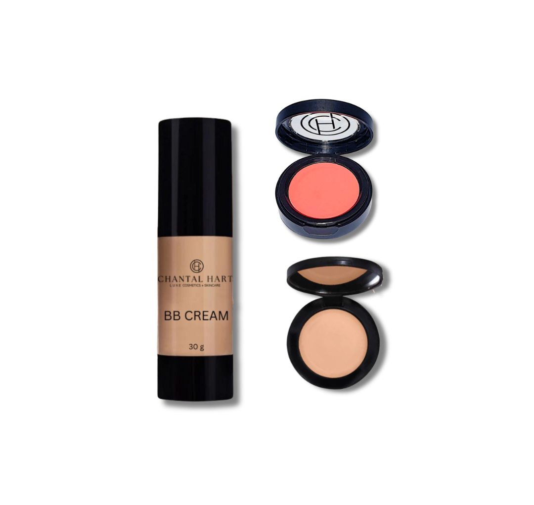 A set of makeup products for dry skin including a BB cream, blush, and bronzing powder from Chantal Skincare.