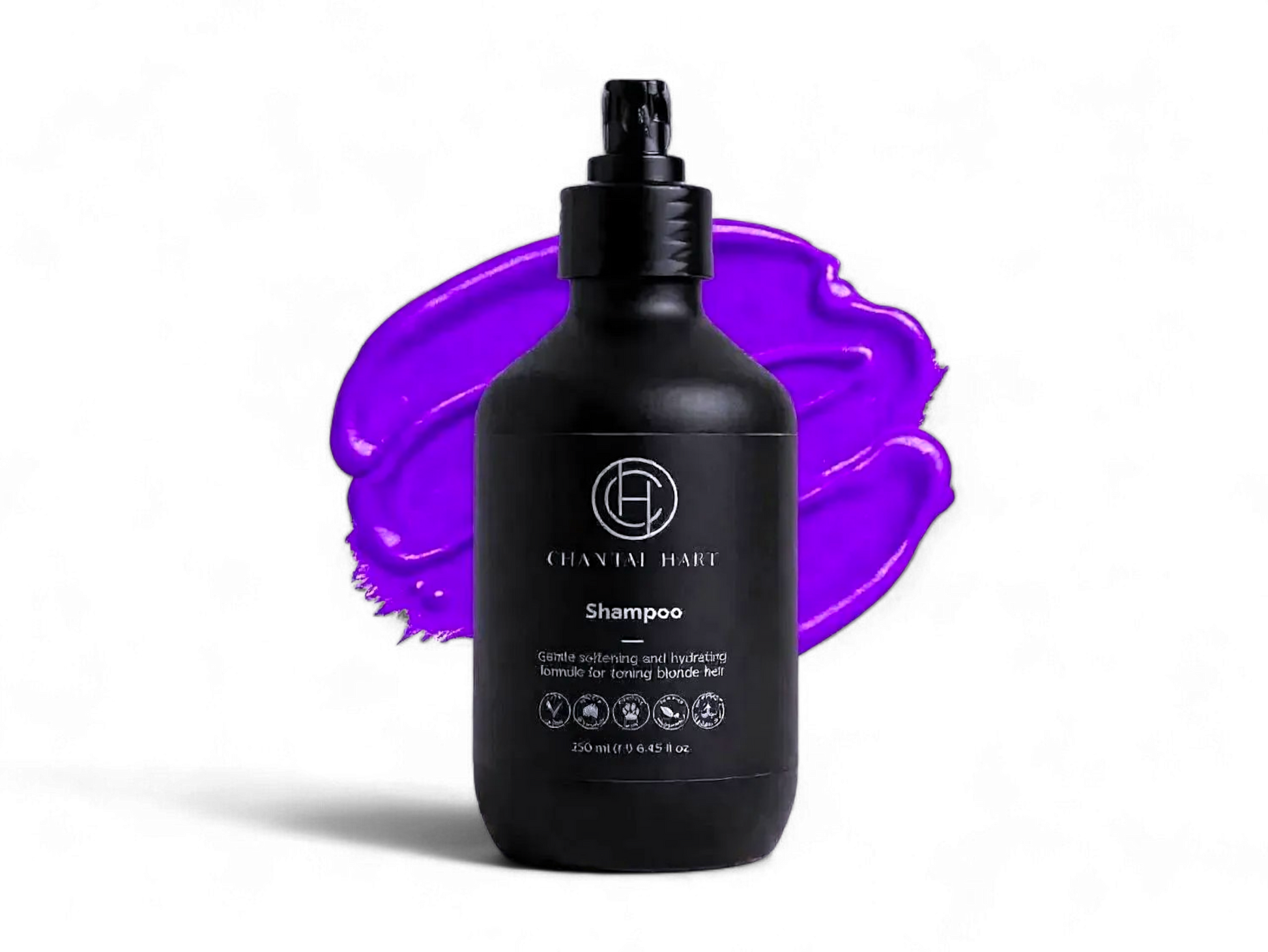 Black shampoo bottle with purple swirl on a white background