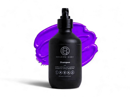 Black shampoo bottle with purple swirl on a white background