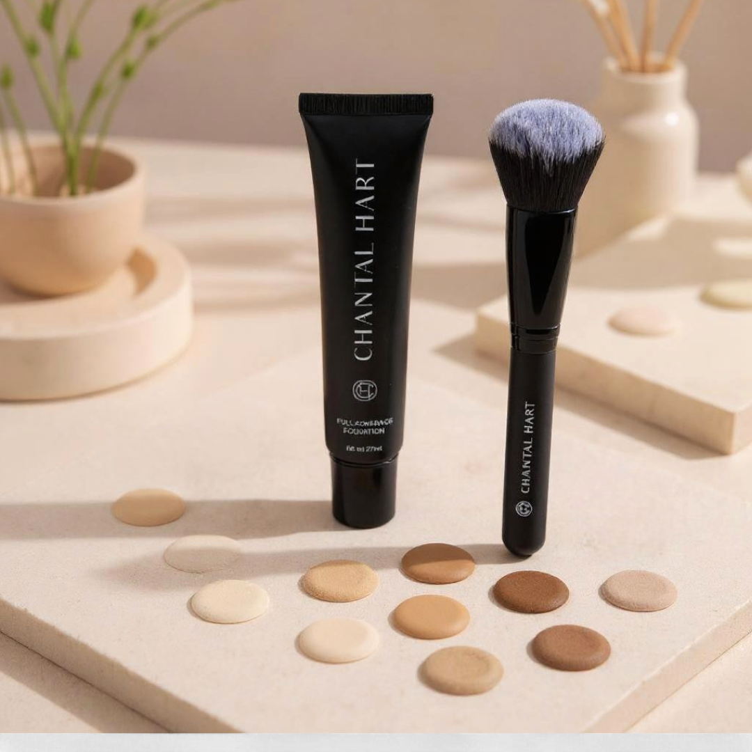 Chantal Hart makeup product with a brush and color samples on a neutral background