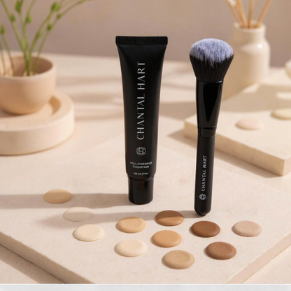 Chantal Hart makeup product with a brush and color samples on a neutral background