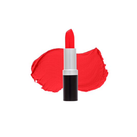 A swatch of bright red lipstick color alongside a lipstick tube, indicating the color and texture of the product.