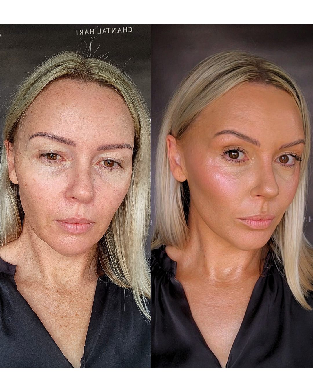 Before and after comparison of a Chantal Hart with visible makeup changes.