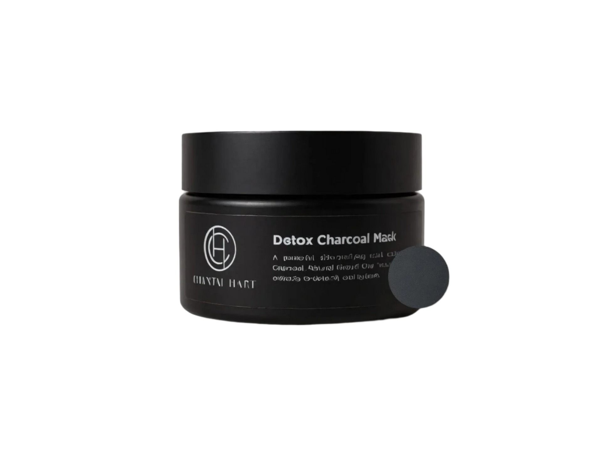 Black detox charcoal mask in jar with brand logo on a white background