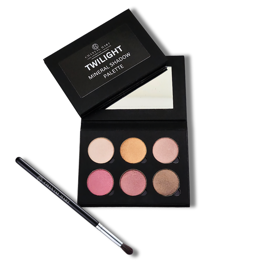 A black eyeshadow palette featuring 6 shimmer shadows.