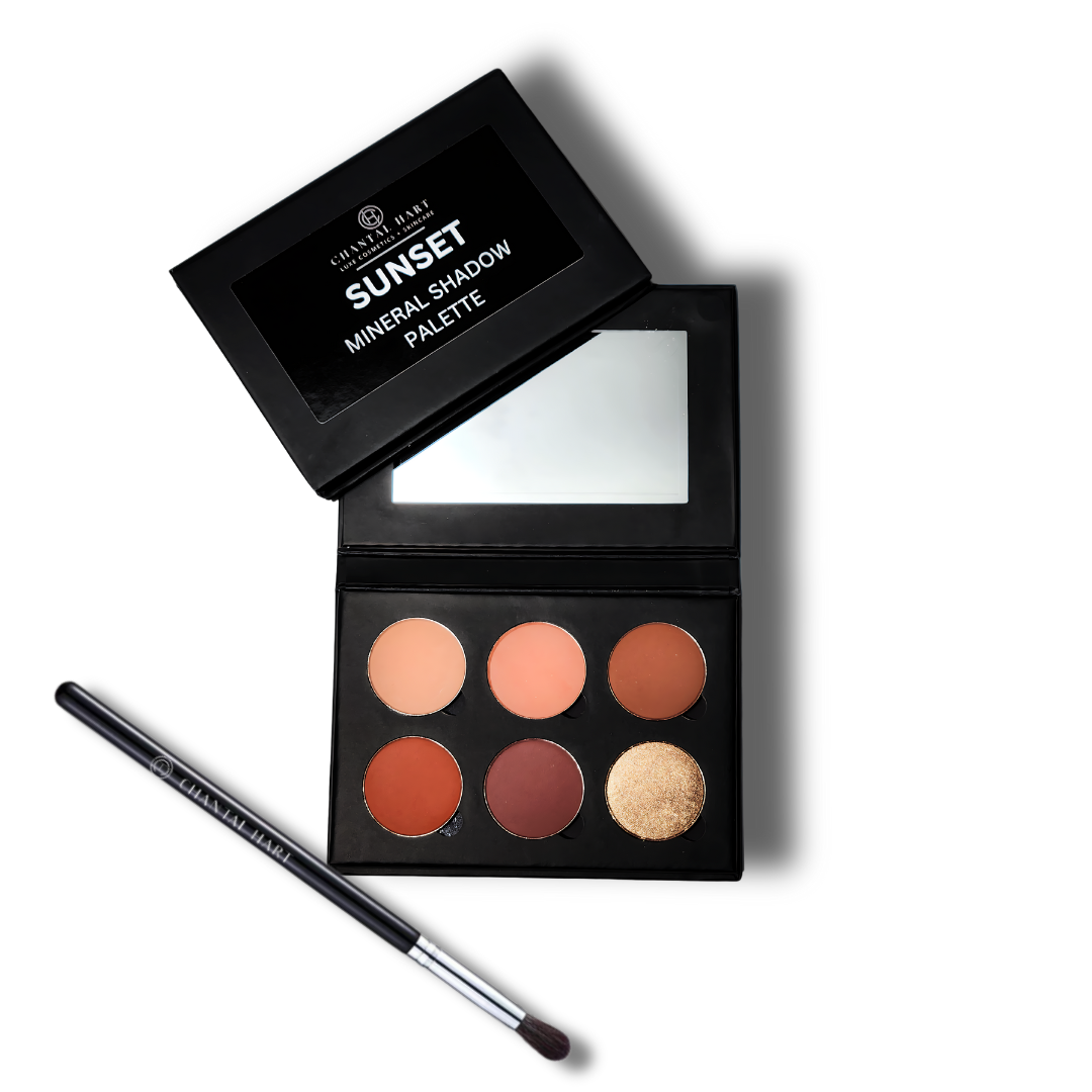 A black eyeshadow palette featuring 5 warm earthy matte eyeshadows and 1 gold shimmer