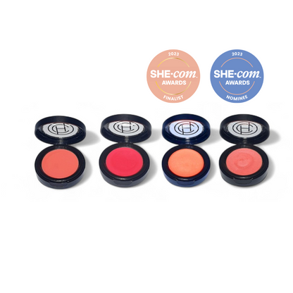 Set of 4 Creme blush makeup with 'SHE.com Awards' badges on a white background