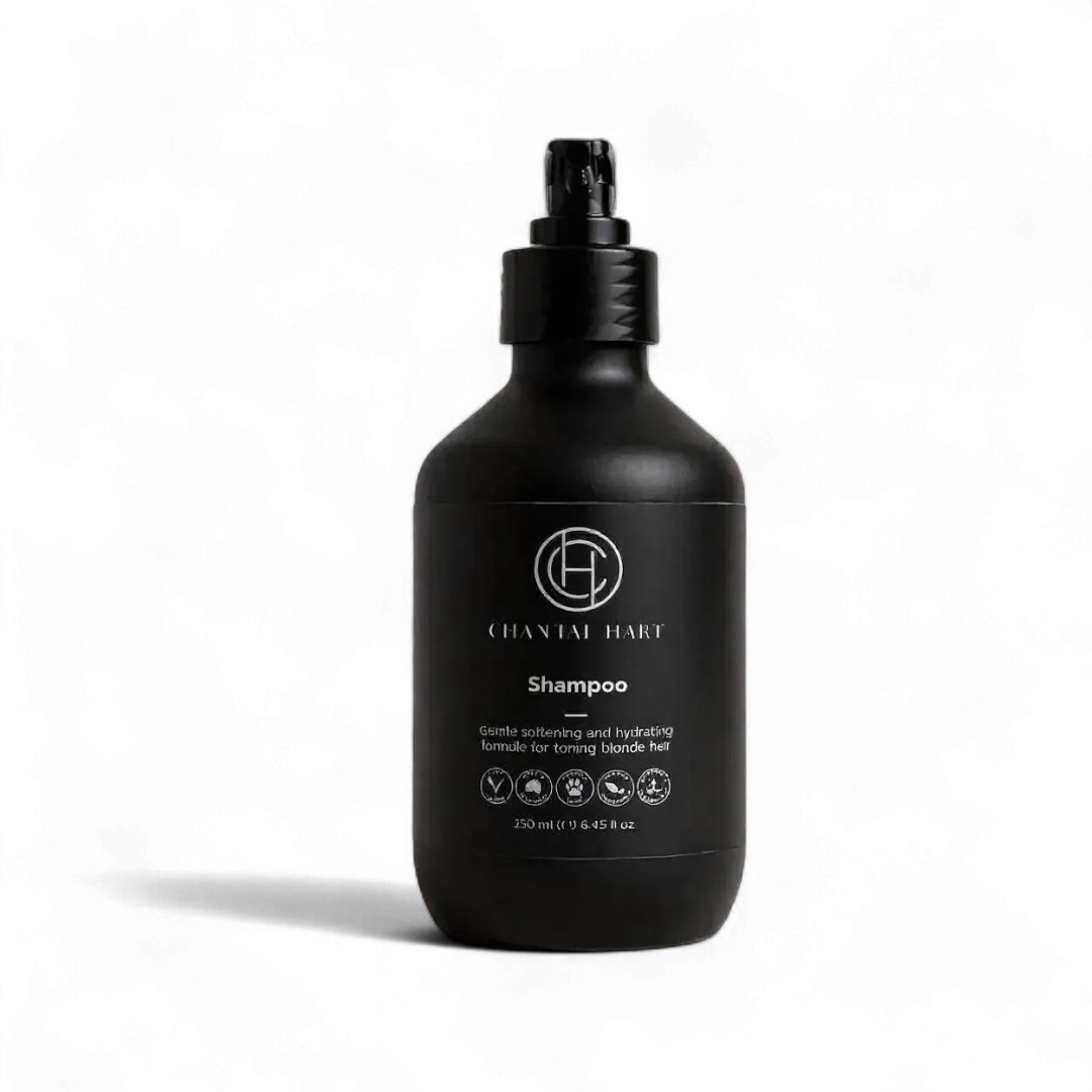 Black shampoo bottle with brand logo on a white background