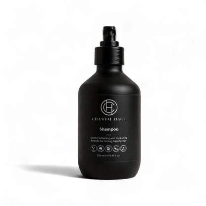 Black shampoo bottle with brand logo on a white background