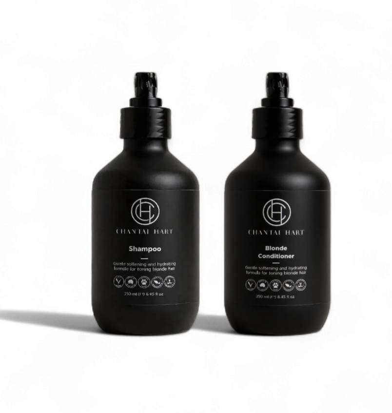 Two black bottles of shampoo and conditioner on a white background