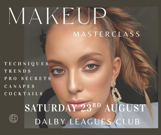 Advertisement for a makeup masterclass featuring a woman with makeup and event details.