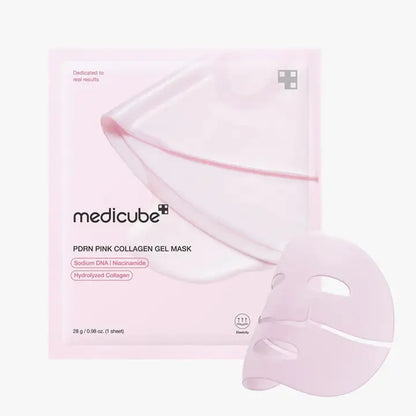 Pink collagen gel mask with packaging on a white background