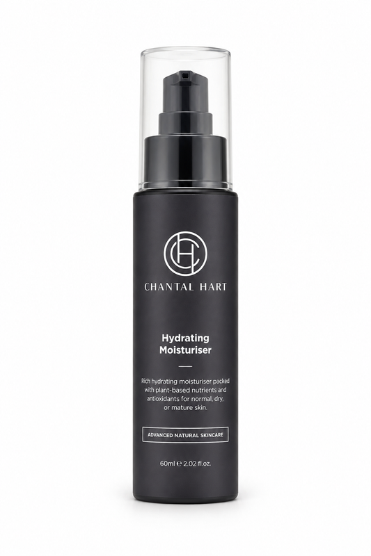 Chantal Hart Hydrating Moisturiser in a matte black pump bottle with a clear protective cap, shown on a clean white background.