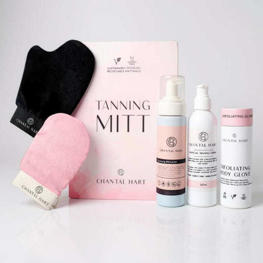 Chantal Hart tanning products including mitt, box, and bottles on a white background