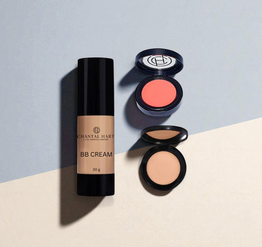 Chantal Hart cosmetic products including BB cream, blush, and concealer on a light blue and beige background