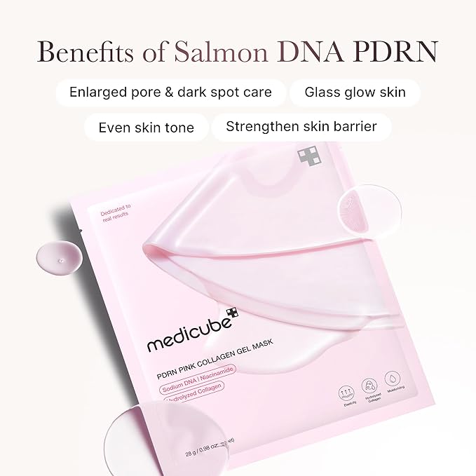 Pink collagen gel mask with text on benefits and brand name on a white background