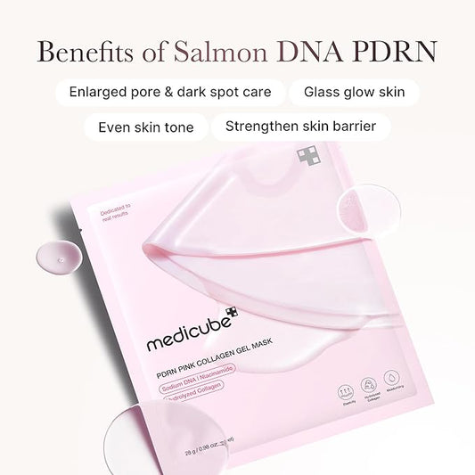 Pink collagen gel mask with text on benefits and brand name on a white background