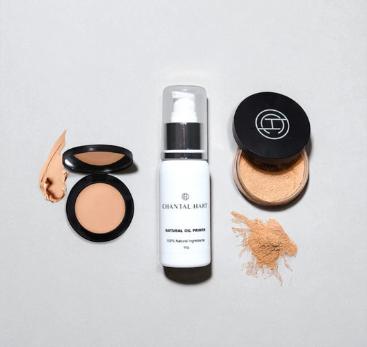 Chantal Hart Makeup products including a bottle, compact, and powder on a light gray background