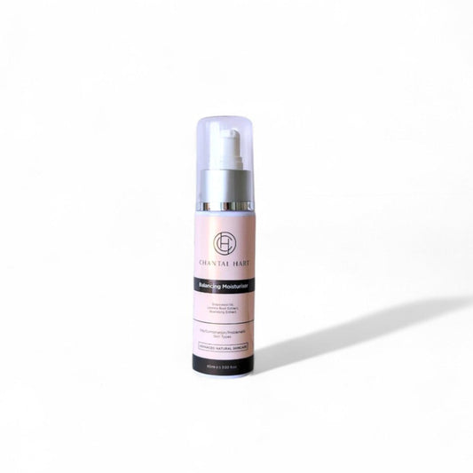 Skincare bottle with pink label on a white background